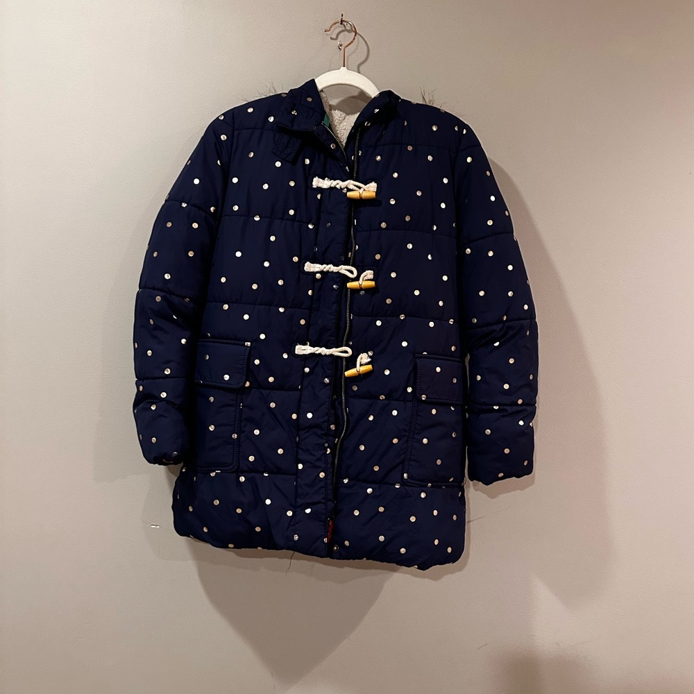 Boden Navy Polka Dot Puffer Jacket